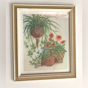 VTG 70s Nel Cary Cane Framed Art Matted Botanical Cottage Core Art Deco Boho MCM
